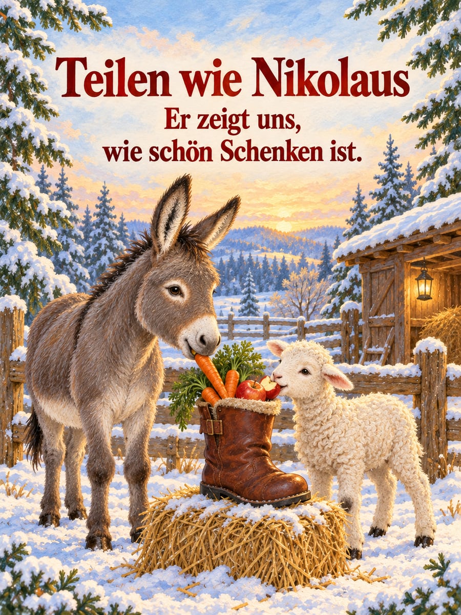 Bild zum Nikolaustag mit dem Text „Teilen wie Nikolaus“ und „Er zeigt uns, wie schön Schenken ist.“ – Motiv: Esel, Lamm, Nikolausstiefel, Teilen