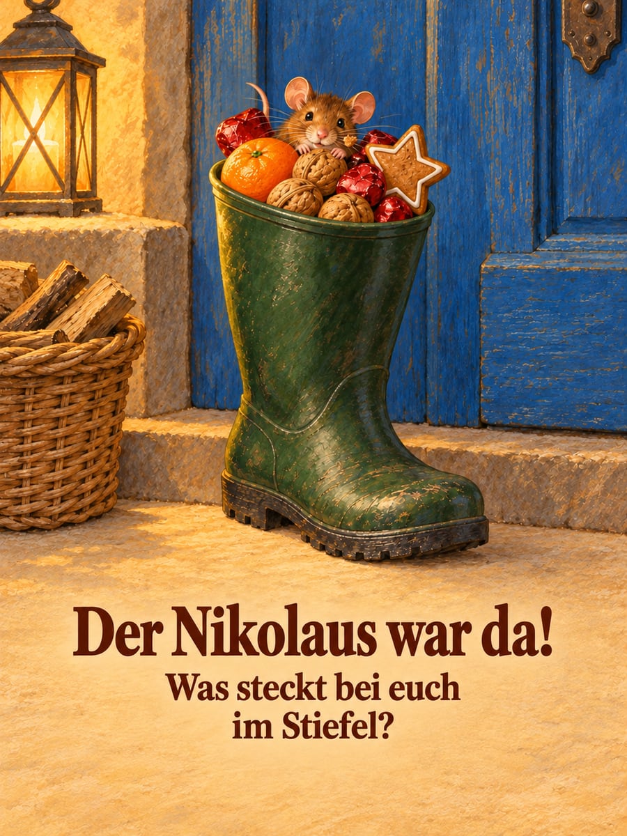 Bild zum Nikolaustag mit dem Text „Der Nikolaus war da!“ und „Was steckt bei euch im Stiefel?“ – Motiv: Maus, Gummistiefel, Nikolausstiefel, Lebkuchen