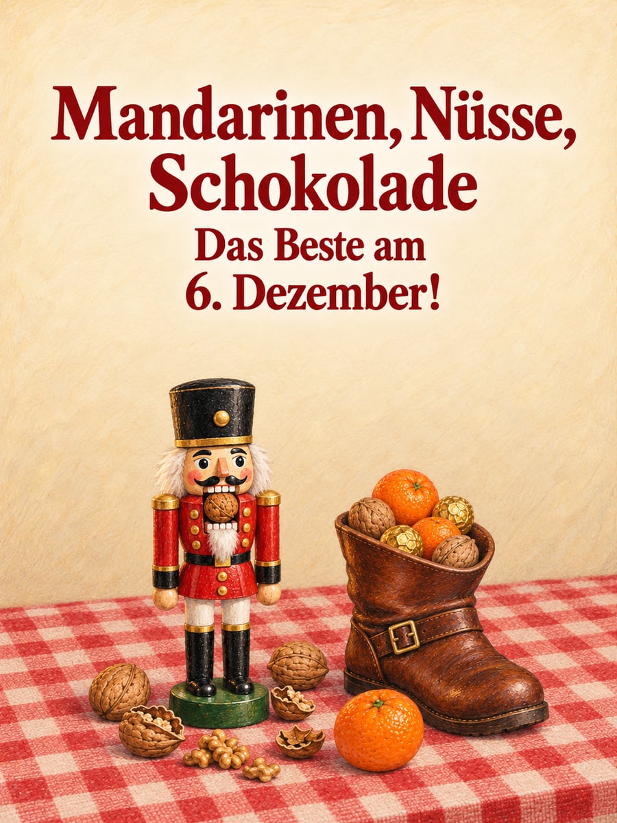 Bild zum Nikolaustag mit dem Text „Mandarinen, Nüsse, Schokolade“ und „Das Beste am 6. Dezember!“ – Motiv: Nussknacker, Nikolausstiefel, Walnüsse, Mandarinen