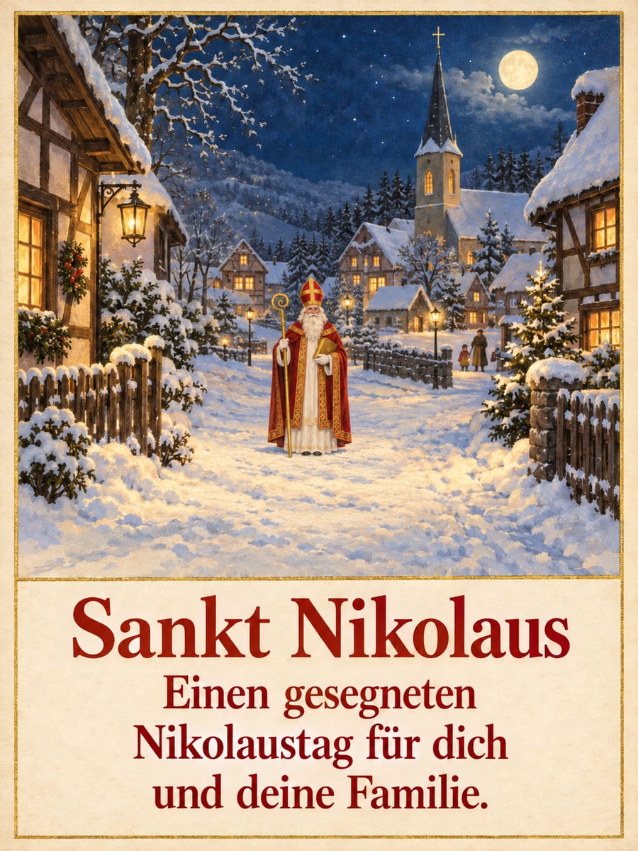 Bild zum Nikolaustag mit dem Text „Sankt Nikolaus“ und „Einen gesegneten Nikolaustag für dich und deine Familie.“ – Motiv: Nikolaus, Bischof, Dorf, Schnee