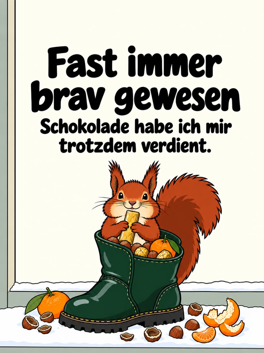 Bild zum Nikolaustag mit dem Text „Fast immer brav gewesen“ und „Schokolade habe ich mir trotzdem verdient.“ – Motiv: Eichhörnchen, Nikolausstiefel, Schokolade, Haselnüsse