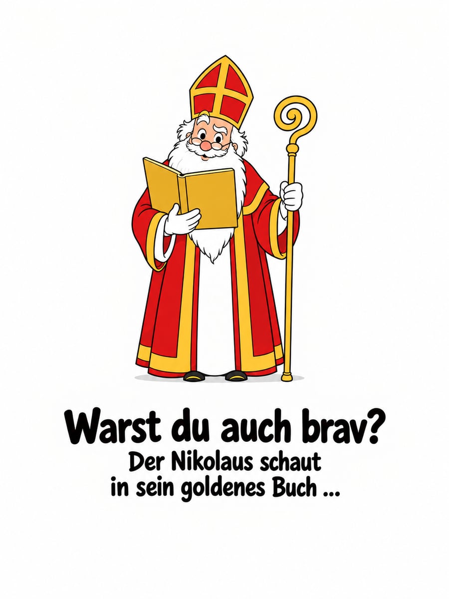Bild zum Nikolaustag mit dem Text „Warst du auch brav?“ und „Der Nikolaus schaut in sein goldenes Buch …“ – Motiv: Nikolaus, Bischof, goldenes Buch, Brille