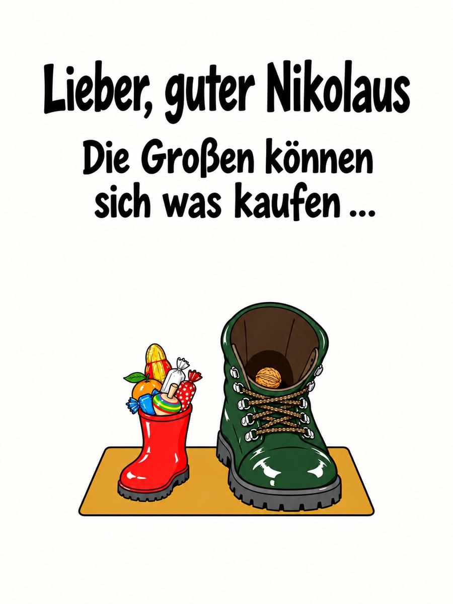 Bild zum Nikolaustag mit dem Text „Lieber, guter Nikolaus“ und „Die Großen können sich was kaufen …“ – Motiv: Nikolausstiefel, Gummistiefel, Wanderschuh, Walnuss