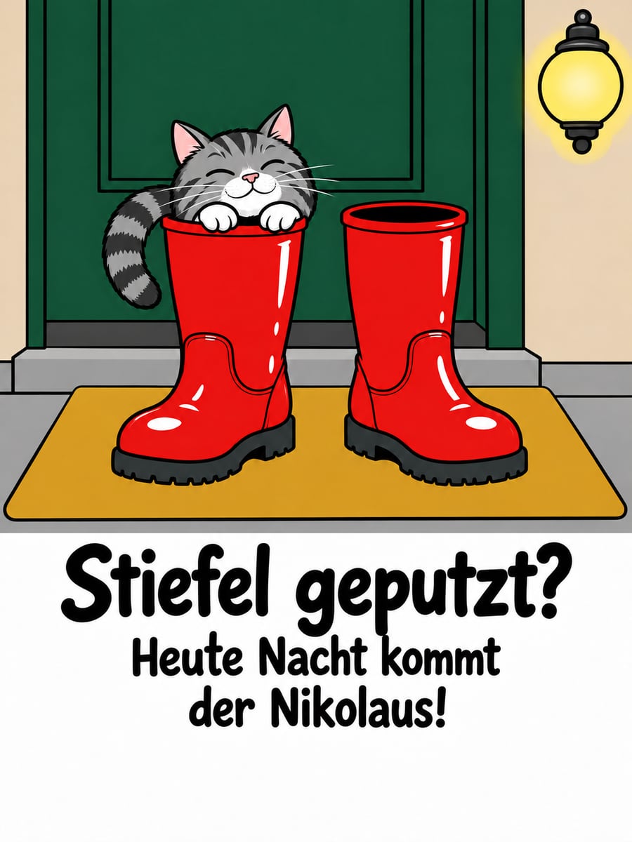 Bild zum Nikolaustag mit dem Text „Stiefel geputzt?“ und „Heute Nacht kommt der Nikolaus!“ – Motiv: Katze, Nikolausstiefel, Nikolausabend, Haustür