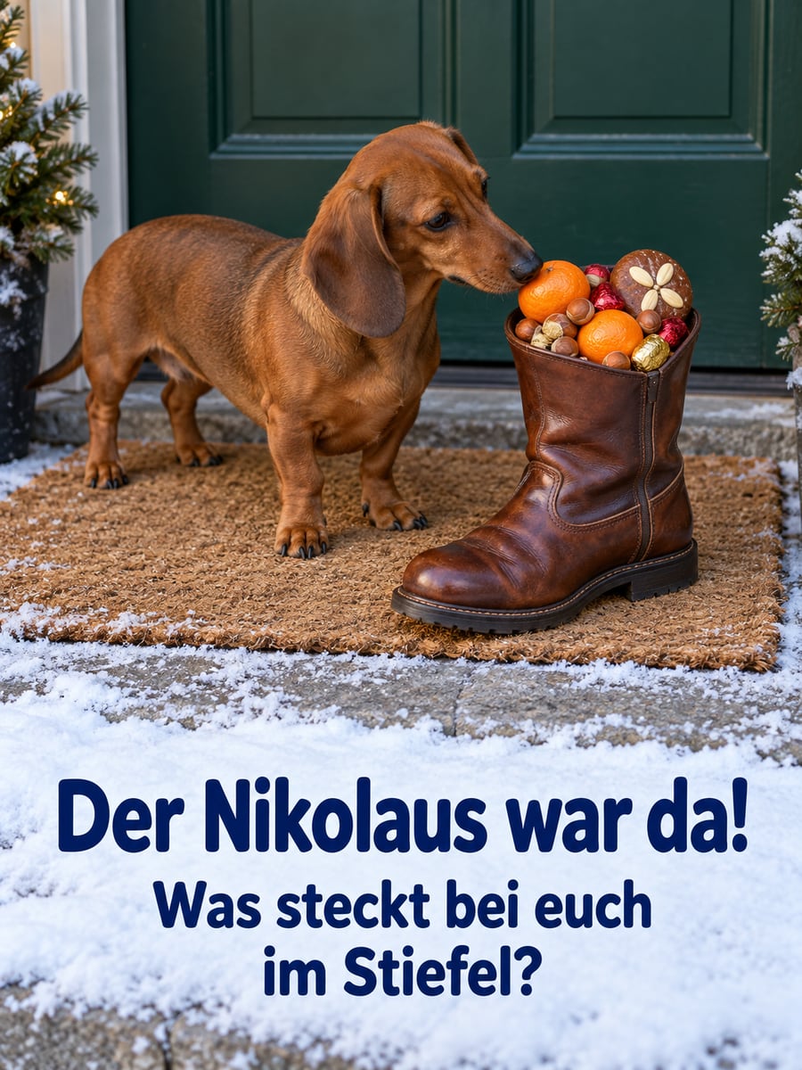Bild zum Nikolaustag mit dem Text „Der Nikolaus war da!“ und „Was steckt bei euch im Stiefel?“ – Motiv: Dackel, Hund, Nikolausstiefel, Mandarinen
