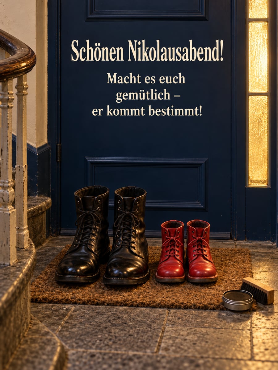 Bild zum Nikolaustag mit dem Text „Schönen Nikolausabend!“ und „Macht es euch gemütlich – er kommt bestimmt!“ – Motiv: Nikolausstiefel, Treppenhaus, Schuhputzen, Nikolausabend