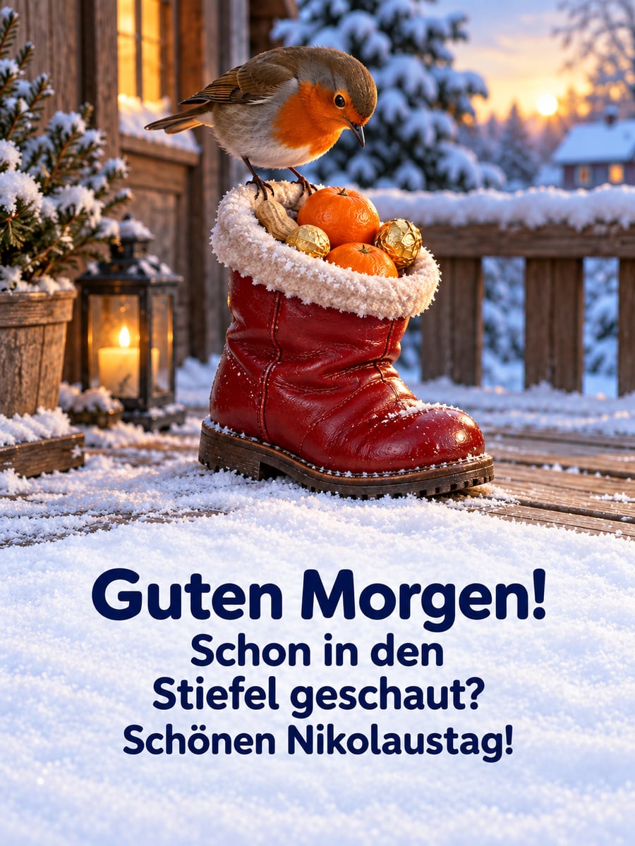 Bild zum Nikolaustag mit dem Text „Guten Morgen!“ und „Schon in den Stiefel geschaut? Schönen Nikolaustag!“ – Motiv: Rotkehlchen, Nikolausstiefel, Schnee, Veranda