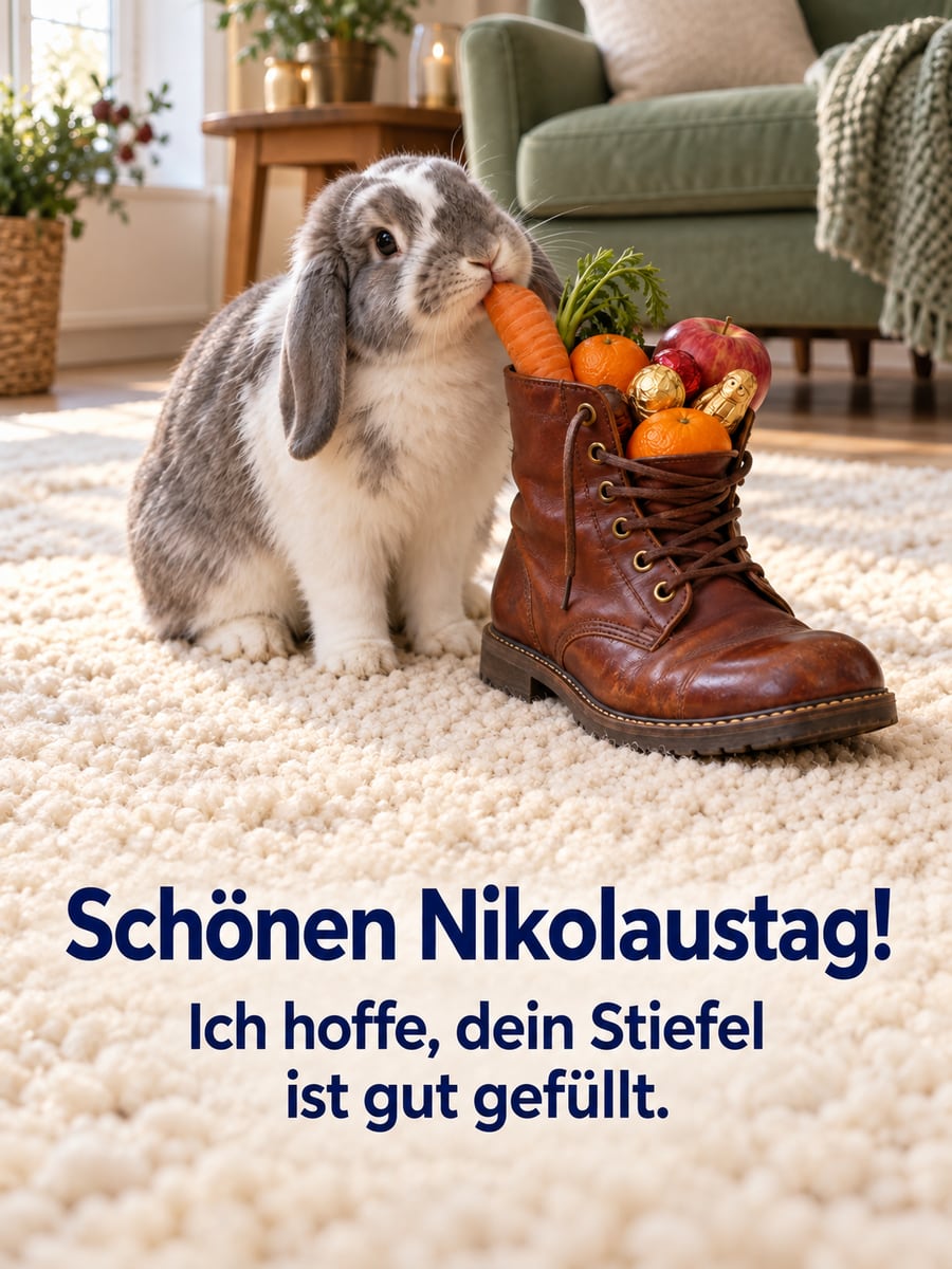 Bild zum Nikolaustag mit dem Text „Schönen Nikolaustag!“ und „Ich hoffe, dein Stiefel ist gut gefüllt.“ – Motiv: Kaninchen, Nikolausstiefel, Karotte, Wohnzimmer