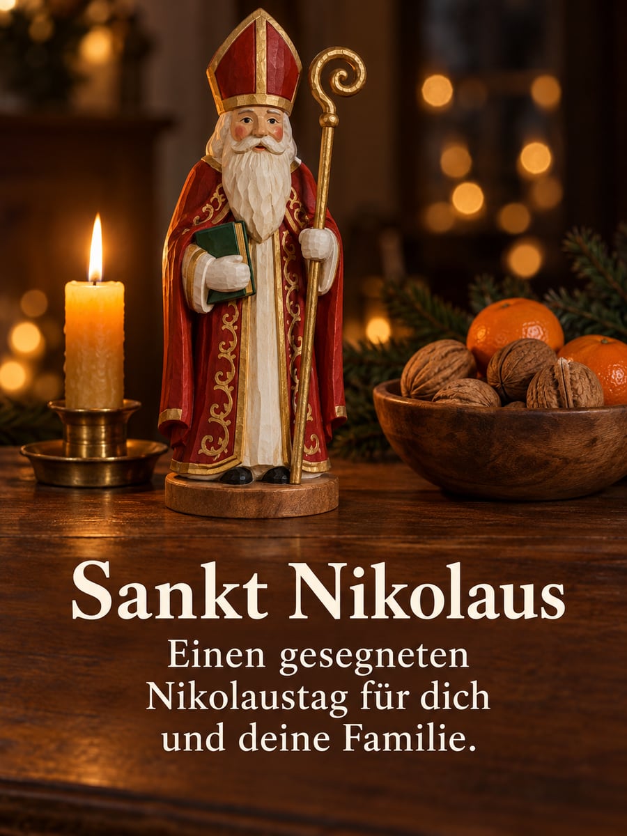 Bild zum Nikolaustag mit dem Text „Sankt Nikolaus“ und „Einen gesegneten Nikolaustag für dich und deine Familie.“ – Motiv: Nikolaus, Holzfigur, Erzgebirge, Bienenwachskerze