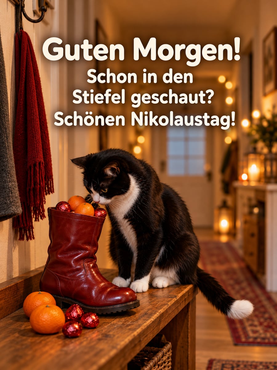 Bild zum Nikolaustag mit dem Text „Guten Morgen!“ und „Schon in den Stiefel geschaut? Schönen Nikolaustag!“ – Motiv: Katze, Nikolausstiefel, Flur, Morgen