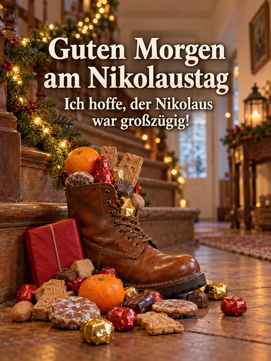 Bild zum Nikolaustag mit dem Text „Guten Morgen am Nikolaustag“ und „Ich hoffe, der Nikolaus war großzügig!“ – Motiv: Nikolausstiefel, Lebkuchen, Spekulatius, Mandarinen