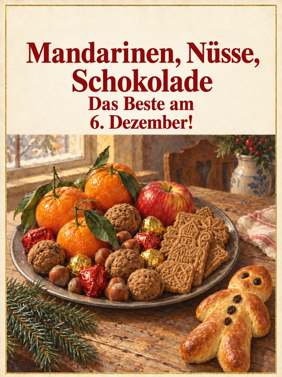 Bild zum Nikolaustag mit dem Text „Mandarinen, Nüsse, Schokolade“ und „Das Beste am 6. Dezember!“ – Motiv: Nikolausteller, Mandarinen, Nüsse, Weckmann