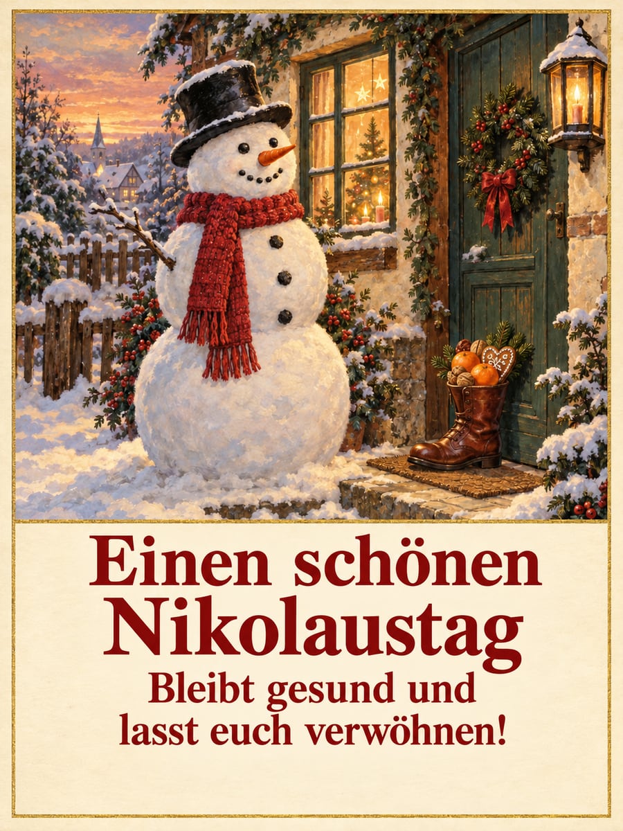 Bild zum Nikolaustag mit dem Text „Einen schönen Nikolaustag“ und „Bleibt gesund und lasst euch verwöhnen!“ – Motiv: Schneemann, Nikolausstiefel, Haustür, Schnee