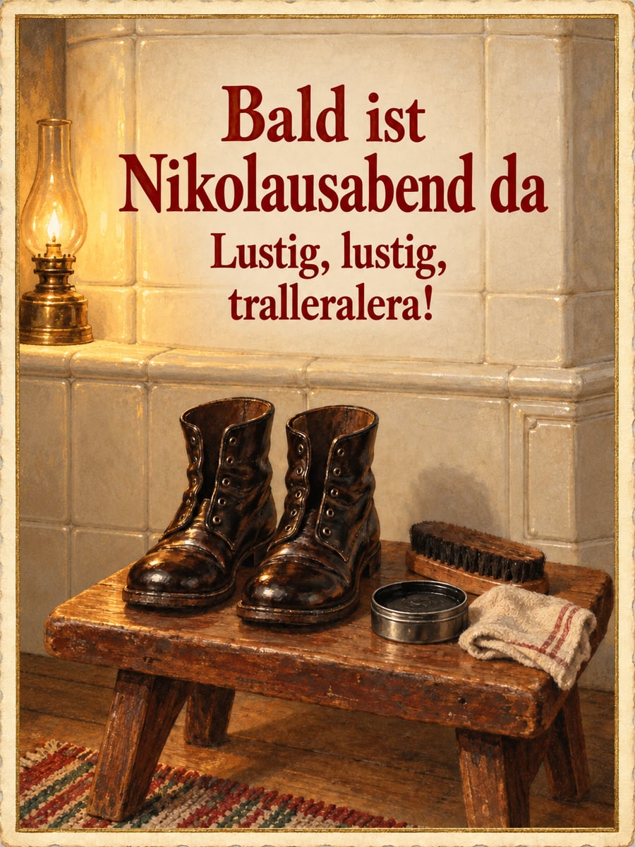 Bild zum Nikolaustag mit dem Text „Bald ist Nikolausabend da“ und „Lustig, lustig, tralleralera!“ – Motiv: Stiefelputzen, Kachelofen, Nikolausabend, Schuhbürste
