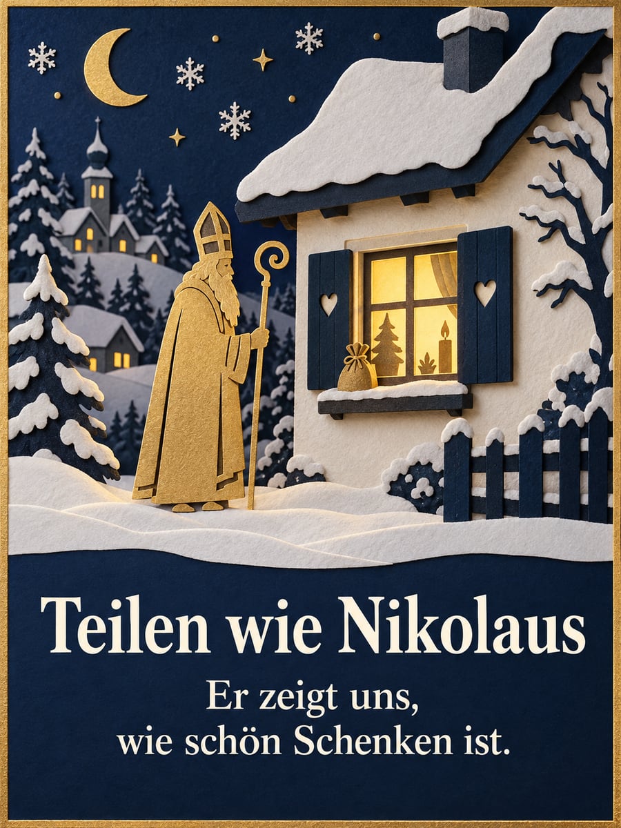 Bild zum Nikolaustag mit dem Text „Teilen wie Nikolaus“ und „Er zeigt uns, wie schön Schenken ist.“ – Motiv: Nikolaus, Bischof, Scherenschnitt, Fenster