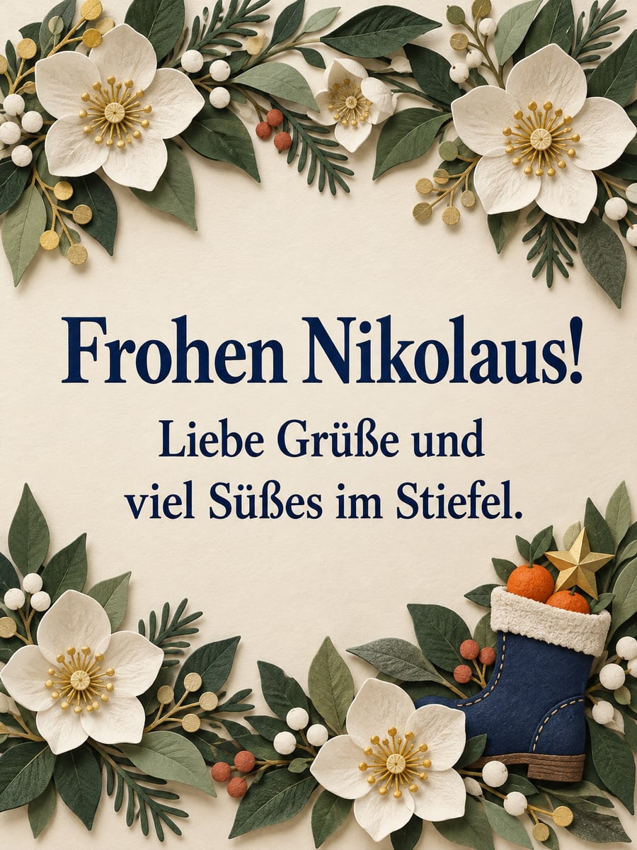 Bild zum Nikolaustag mit dem Text „Frohen Nikolaus!“ und „Liebe Grüße und viel Süßes im Stiefel.“ – Motiv: Christrosen, Nikolausstiefel, Scherenschnitt, Blumen