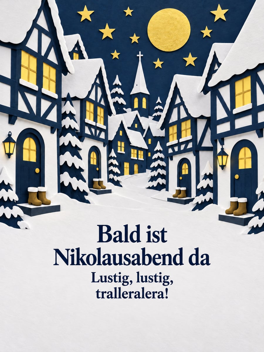Bild zum Nikolaustag mit dem Text „Bald ist Nikolausabend da“ und „Lustig, lustig, tralleralera!“ – Motiv: Fachwerkhäuser, Gasse, Nikolausstiefel, Scherenschnitt