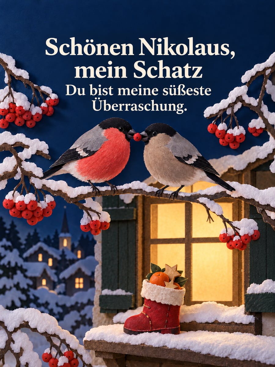 Bild zum Nikolaustag mit dem Text „Schönen Nikolaus, mein Schatz“ und „Du bist meine süßeste Überraschung.“ – Motiv: Gimpel, Vogelpaar, Vogelbeeren, Scherenschnitt