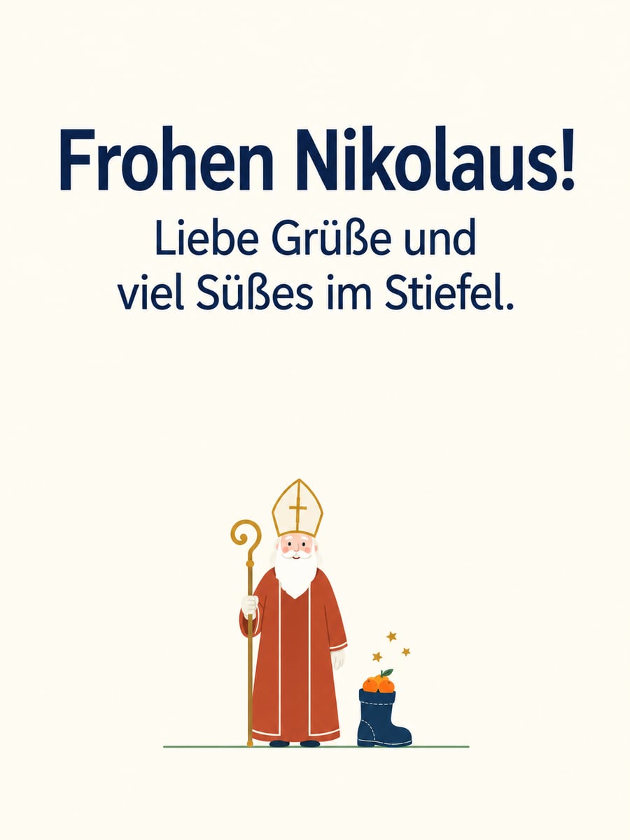 Bild zum Nikolaustag mit dem Text „Frohen Nikolaus!“ und „Liebe Grüße und viel Süßes im Stiefel.“ – Motiv: Nikolaus, Bischof, Nikolausstiefel, Sterne
