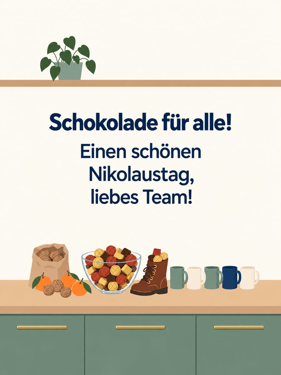 Bild zum Nikolaustag mit dem Text „Schokolade für alle!“ und „Einen schönen Nikolaustag, liebes Team!“ – Motiv: Büro, Schokolade, Team, Nikolausstiefel