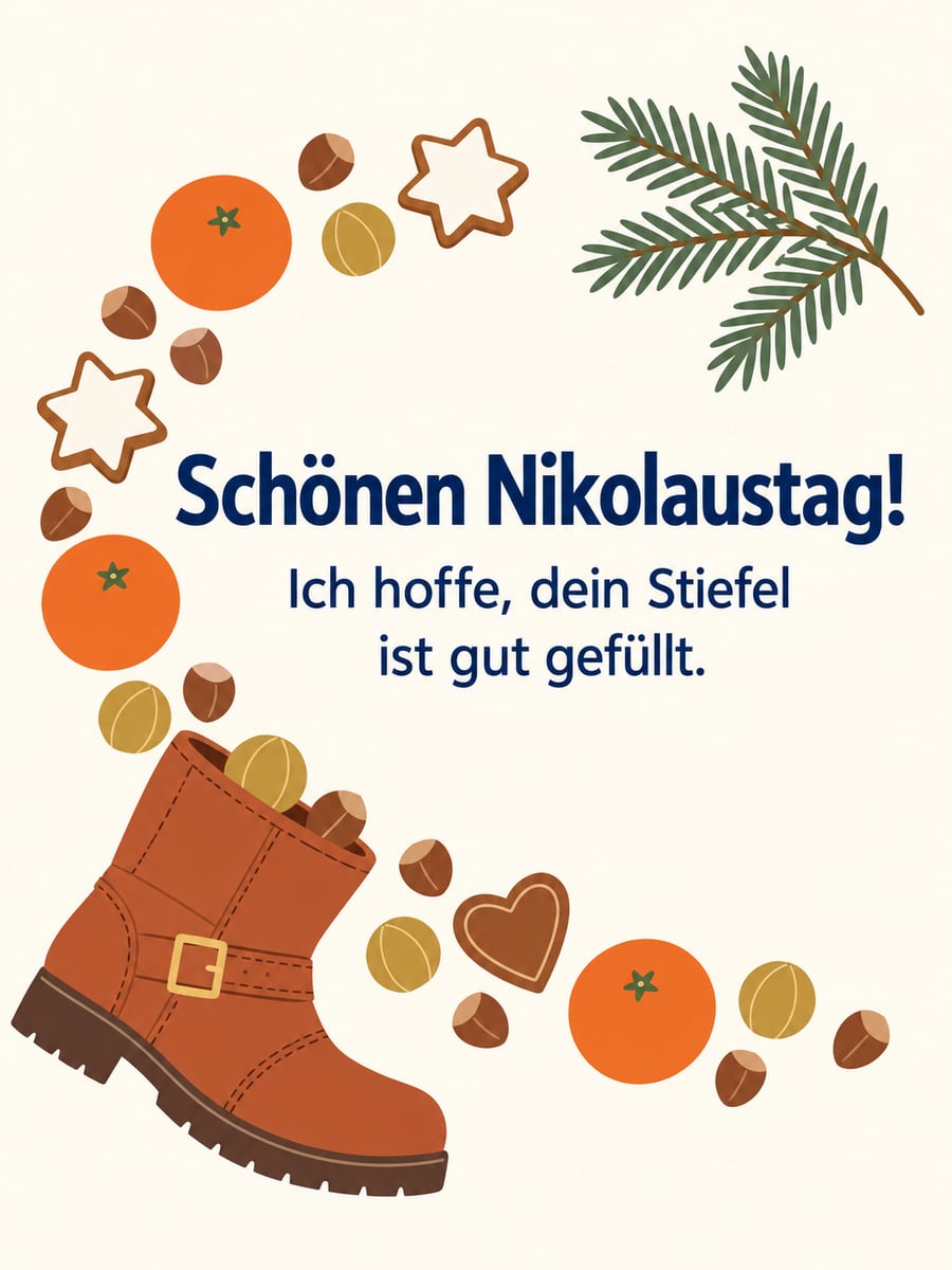 Bild zum Nikolaustag mit dem Text „Schönen Nikolaustag!“ und „Ich hoffe, dein Stiefel ist gut gefüllt.“ – Motiv: Nikolausstiefel, Zimtsterne, Mandarinen, Haselnüsse