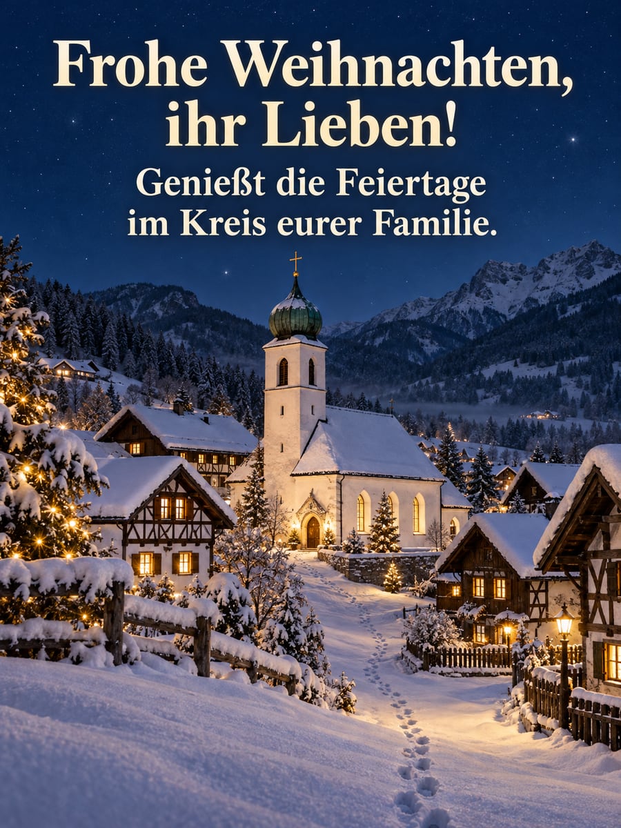 Bild zu Weihnachten mit dem Text „Frohe Weihnachten, ihr Lieben!“ und „Genießt die Feiertage im Kreis eurer Familie.“ – Motiv: Dorf, Zwiebelturm, Kirche, Schnee, Fachwerk