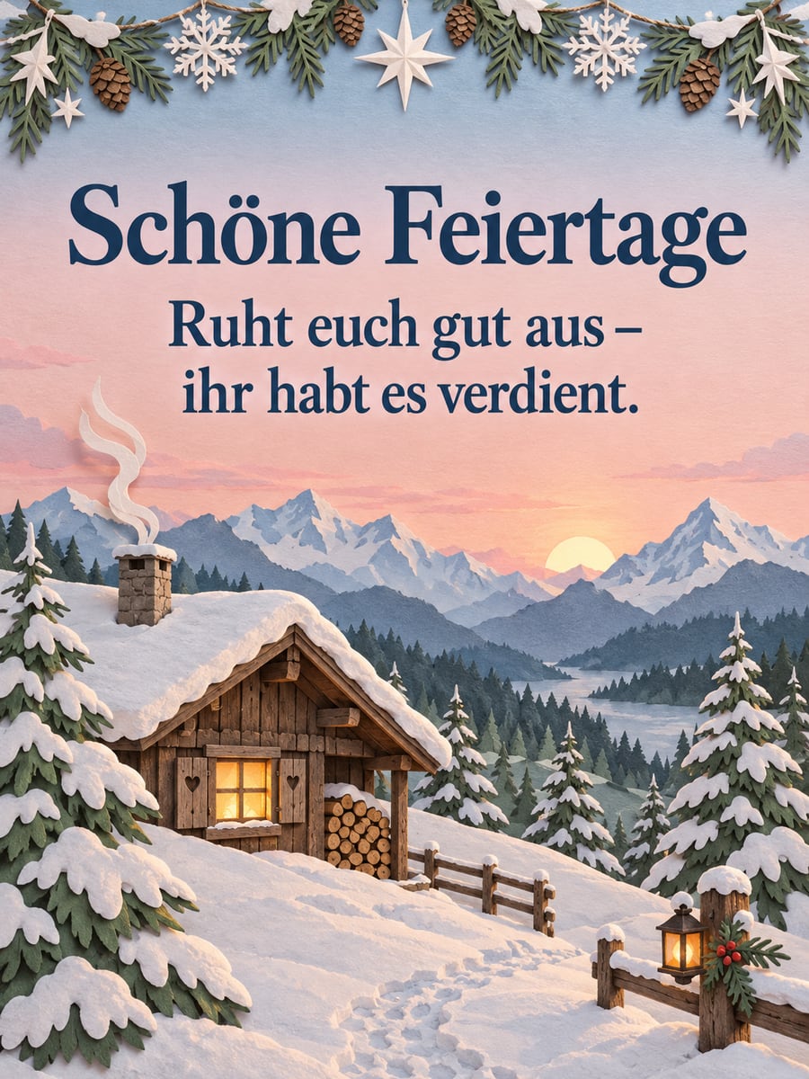 Bild zu Weihnachten mit dem Text „Schöne Feiertage“ und „Ruht euch gut aus – ihr habt es verdient.“ – Motiv: Berghütte, Berge, Schnee, Scherenschnitt