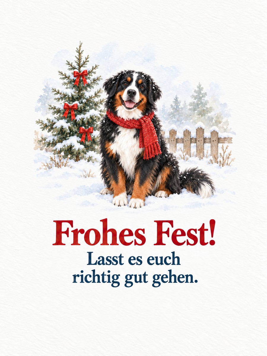 Bild zu Weihnachten mit dem Text „Frohes Fest!“ und „Lasst es euch richtig gut gehen.“ – Motiv: Hund, Berner Sennenhund, Schnee, Schal