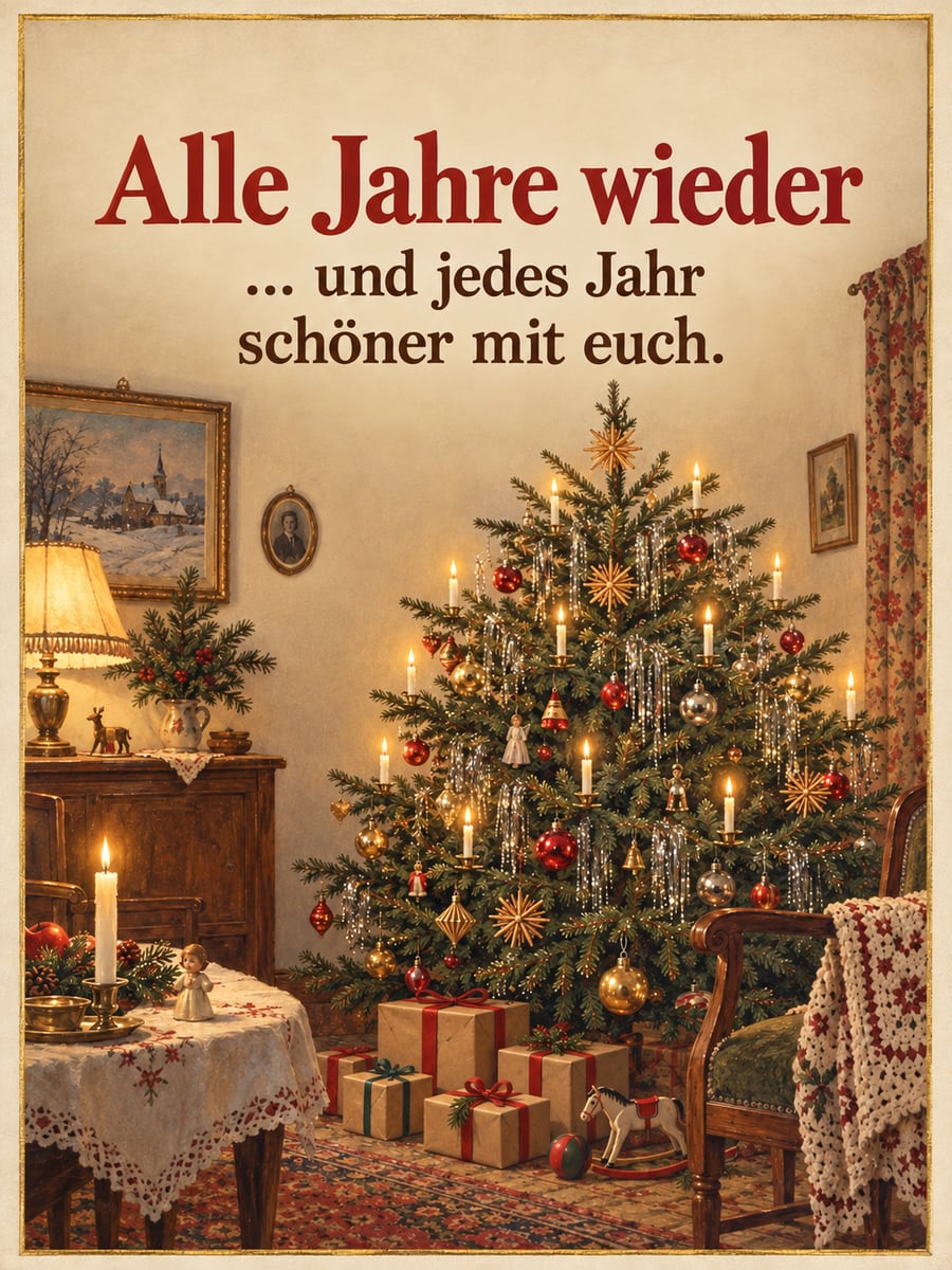 Bild zu Weihnachten mit dem Text „Alle Jahre wieder“ und „… und jedes Jahr schöner mit euch.“ – Motiv: Christbaum, Lametta, Kerzen, Strohsterne, Wohnstube