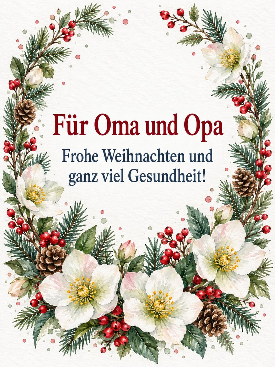 Bild zu Weihnachten mit dem Text „Für Oma und Opa“ und „Frohe Weihnachten und ganz viel Gesundheit!“ – Motiv: Christrosen, Kranz, Tannenzweige, Winterbeeren