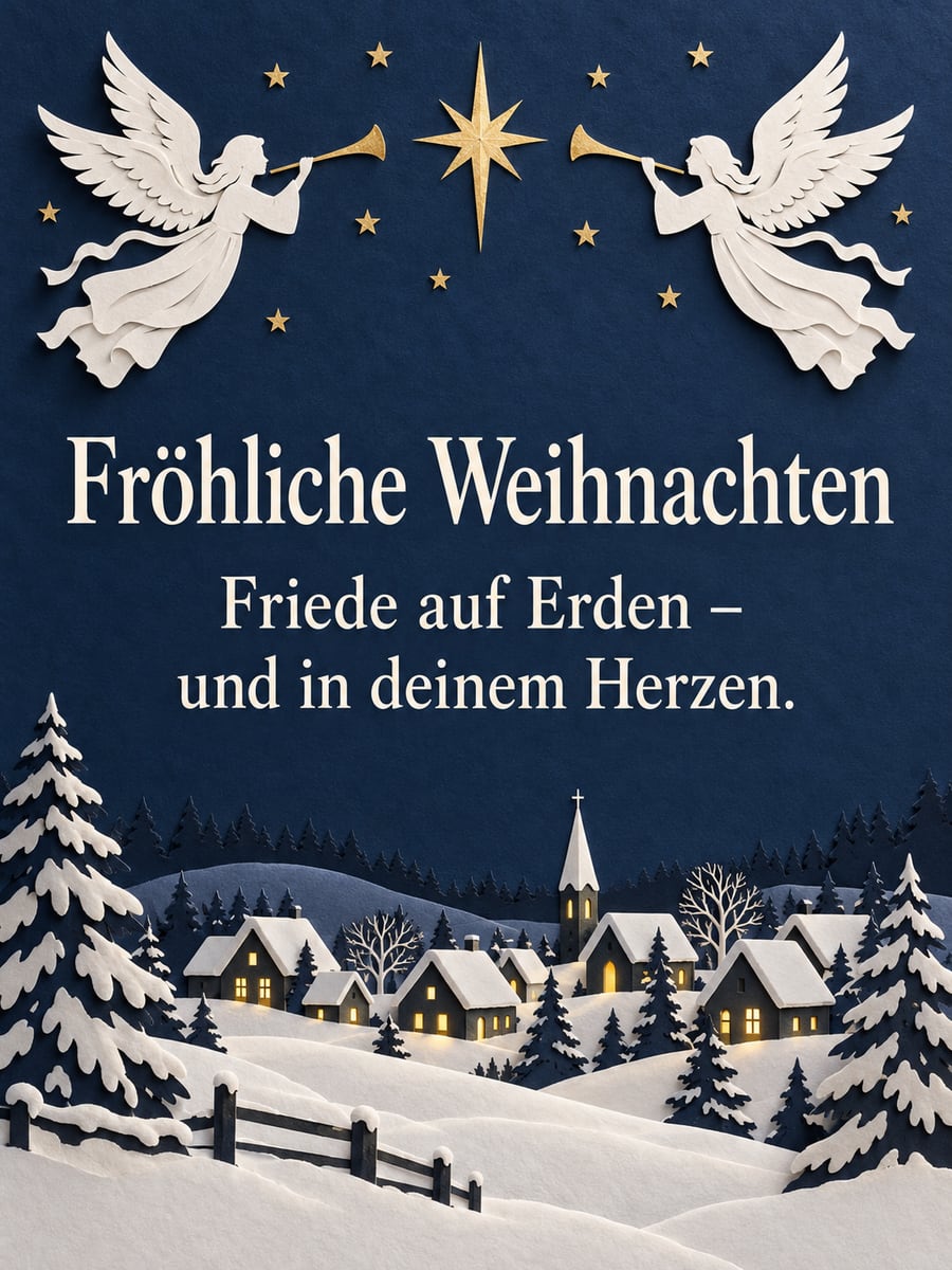 Bild zu Weihnachten mit dem Text „Fröhliche Weihnachten“ und „Friede auf Erden – und in deinem Herzen.“ – Motiv: Engel, Posaunen, Scherenschnitt, Dorf, Sterne