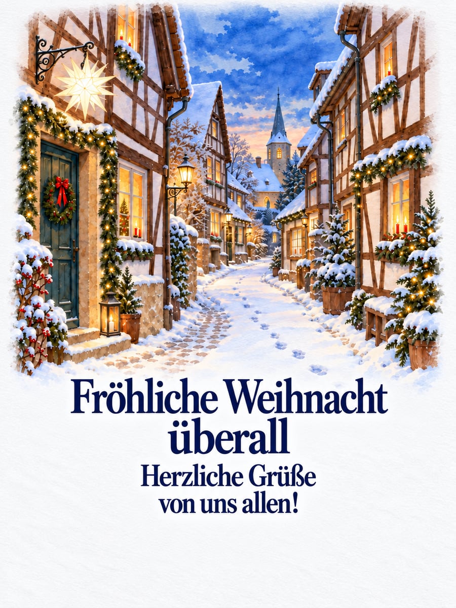 Bild zu Weihnachten mit dem Text „Fröhliche Weihnacht überall“ und „Herzliche Grüße von uns allen!“ – Motiv: Fachwerk, Gasse, Herrnhuter Stern, Schnee, Laterne