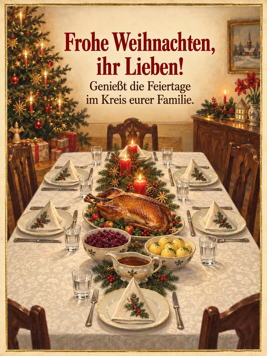Bild zu Weihnachten mit dem Text „Frohe Weihnachten, ihr Lieben!“ und „Genießt die Feiertage im Kreis eurer Familie.“ – Motiv: Weihnachtsgans, Rotkohl, Klöße, Festtafel, Familie
