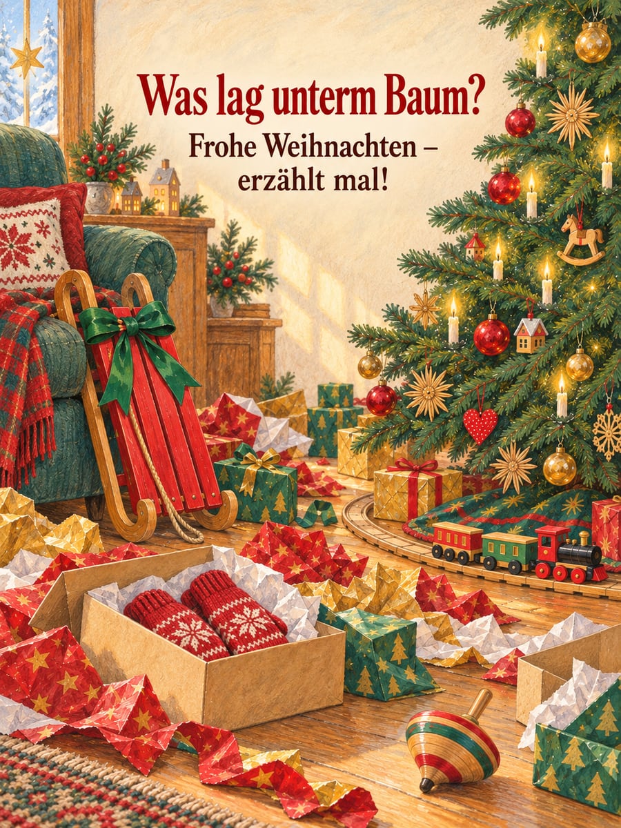 Bild zu Weihnachten mit dem Text „Was lag unterm Baum?“ und „Frohe Weihnachten – erzählt mal!“ – Motiv: Geschenke, Christbaum, Holzeisenbahn, Schlitten, Bescherung