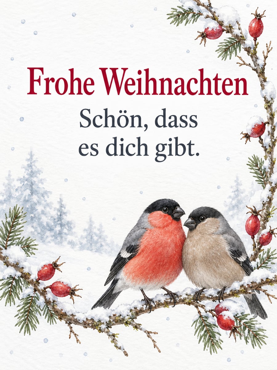 Bild zu Weihnachten mit dem Text „Frohe Weihnachten“ und „Schön, dass es dich gibt.“ – Motiv: Gimpel, Vögel, Hagebutten, Schnee