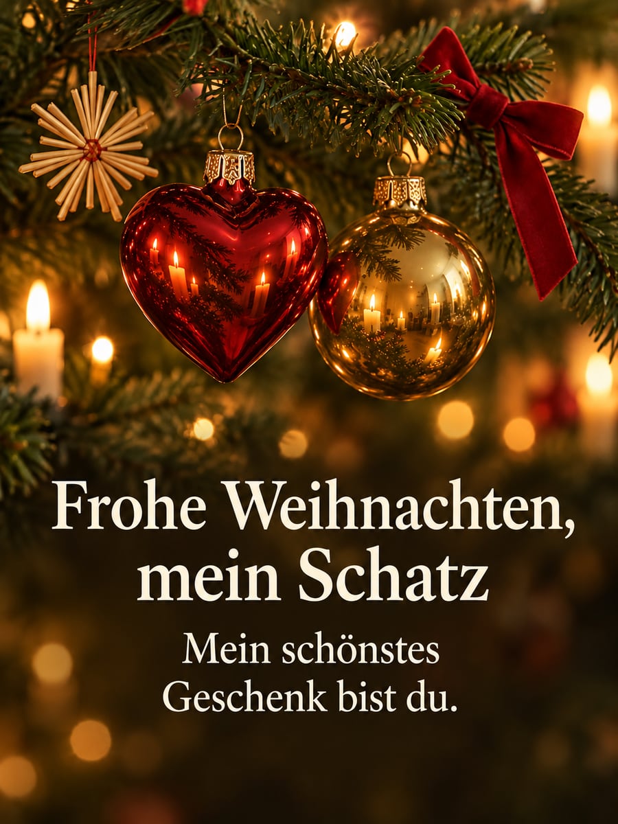 Bild zu Weihnachten mit dem Text „Frohe Weihnachten, mein Schatz“ und „Mein schönstes Geschenk bist du.“ – Motiv: Christbaumkugeln, Glasherz, Tannenzweig, Strohstern