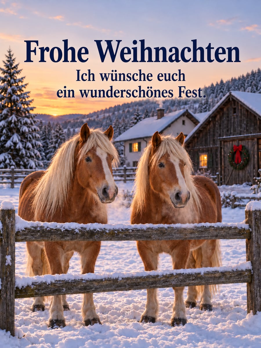 Bild zu Weihnachten mit dem Text „Frohe Weihnachten“ und „Ich wünsche euch ein wunderschönes Fest.“ – Motiv: Pferde, Haflinger, Bauernhof, Türkranz, Schnee
