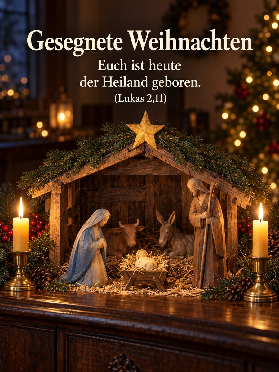 Bild zu Weihnachten mit dem Text „Gesegnete Weihnachten“ und „Euch ist heute der Heiland geboren. (Lukas 2,11)“ – Motiv: Krippe, Holzfiguren, Stern, Kerzen
