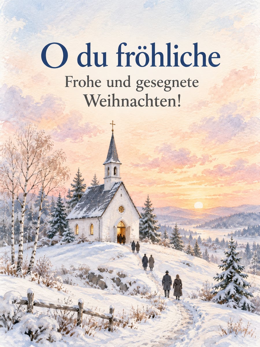 Bild zu Weihnachten mit dem Text „O du fröhliche“ und „Frohe und gesegnete Weihnachten!“ – Motiv: Kapelle, Kirche, Schnee, Weihnachtsmorgen, Hügel