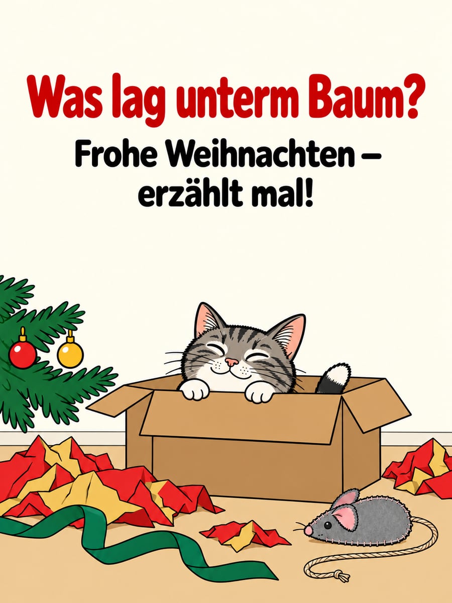 Bild zu Weihnachten mit dem Text „Was lag unterm Baum?“ und „Frohe Weihnachten – erzählt mal!“ – Motiv: Katze, Karton, Geschenkpapier, Christbaum