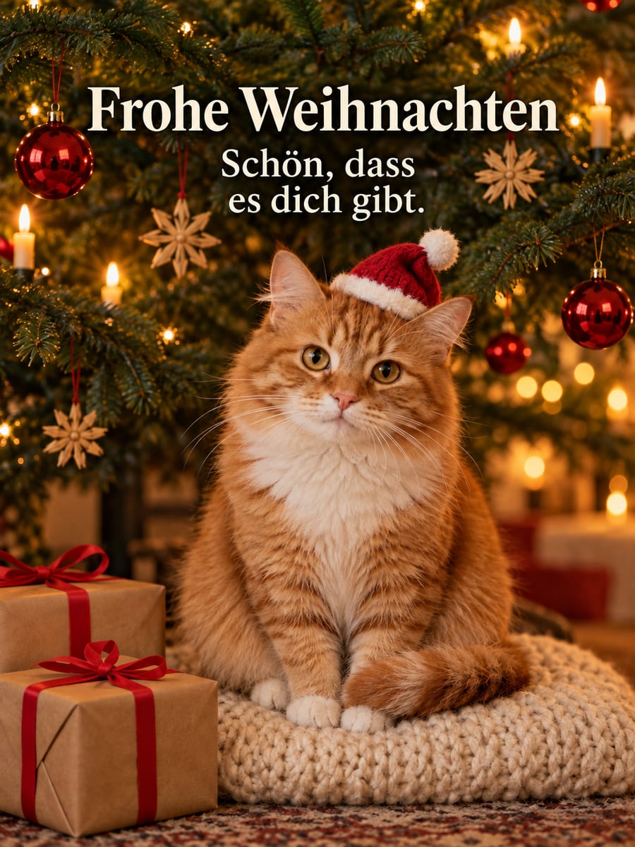 Bild zu Weihnachten mit dem Text „Frohe Weihnachten“ und „Schön, dass es dich gibt.“ – Motiv: Katze, Weihnachtsmütze, Christbaum, Geschenke