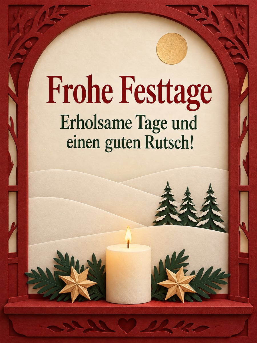 Bild zu Weihnachten mit dem Text „Frohe Festtage“ und „Erholsame Tage und einen guten Rutsch!“ – Motiv: Kerze, Fenster, Scherenschnitt, Winterlandschaft