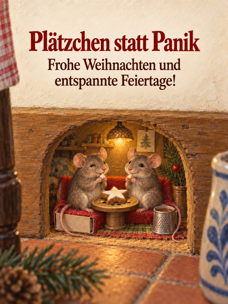 Bild zu Weihnachten mit dem Text „Plätzchen statt Panik“ und „Frohe Weihnachten und entspannte Feiertage!“ – Motiv: Mäuse, Mauseloch, Zimtstern, Plätzchen