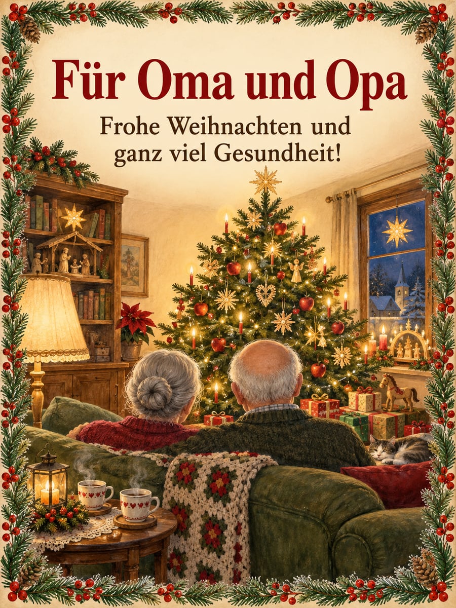 Bild zu Weihnachten mit dem Text „Für Oma und Opa“ und „Frohe Weihnachten und ganz viel Gesundheit!“ – Motiv: Oma, Opa, Christbaum, Sofa