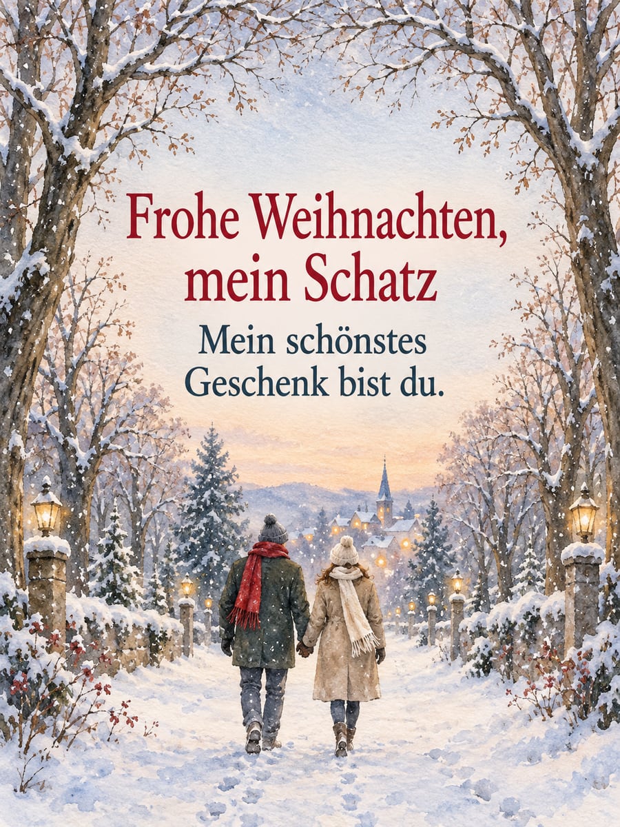 Bild zu Weihnachten mit dem Text „Frohe Weihnachten, mein Schatz“ und „Mein schönstes Geschenk bist du.“ – Motiv: Paar, Spaziergang, Allee, Schnee