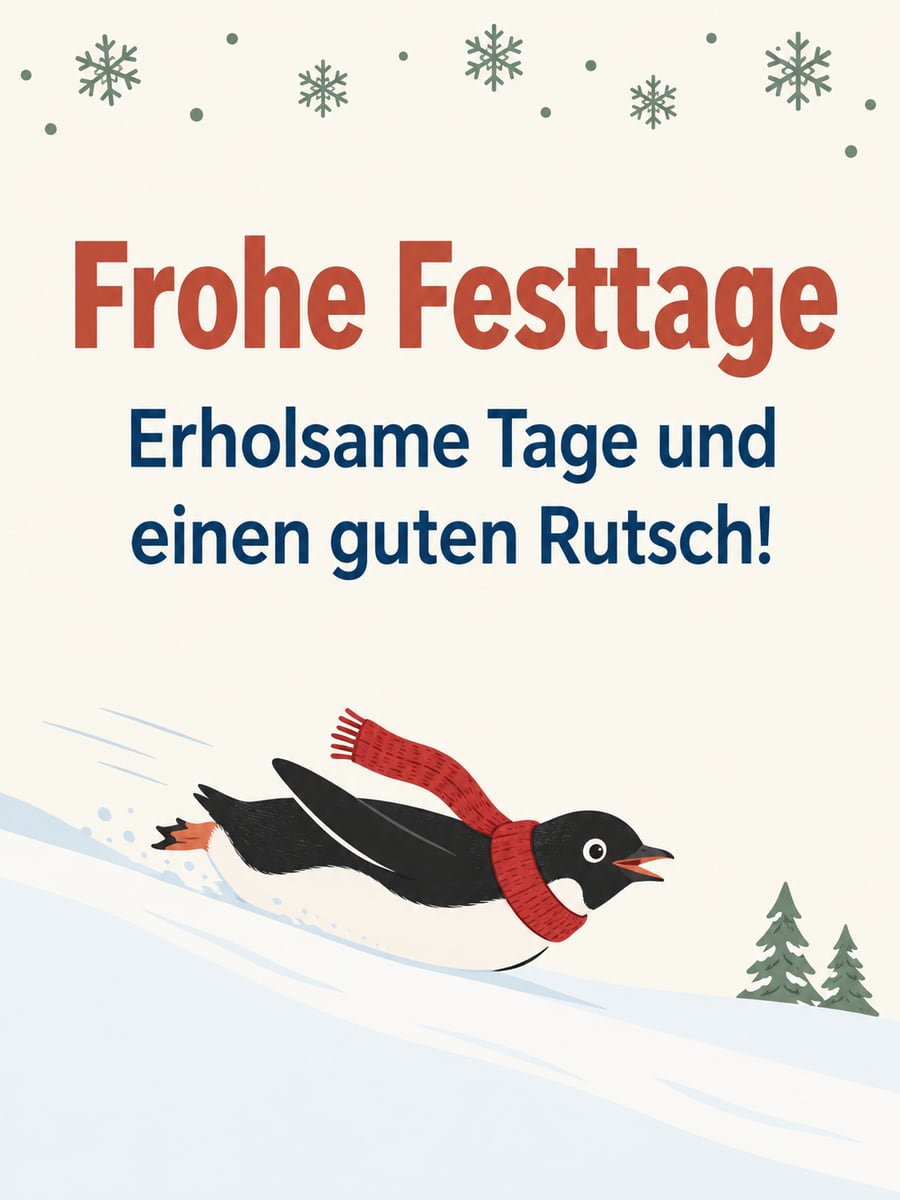 Bild zu Weihnachten mit dem Text „Frohe Festtage“ und „Erholsame Tage und einen guten Rutsch!“ – Motiv: Pinguin, Schal, Schnee, Guter Rutsch