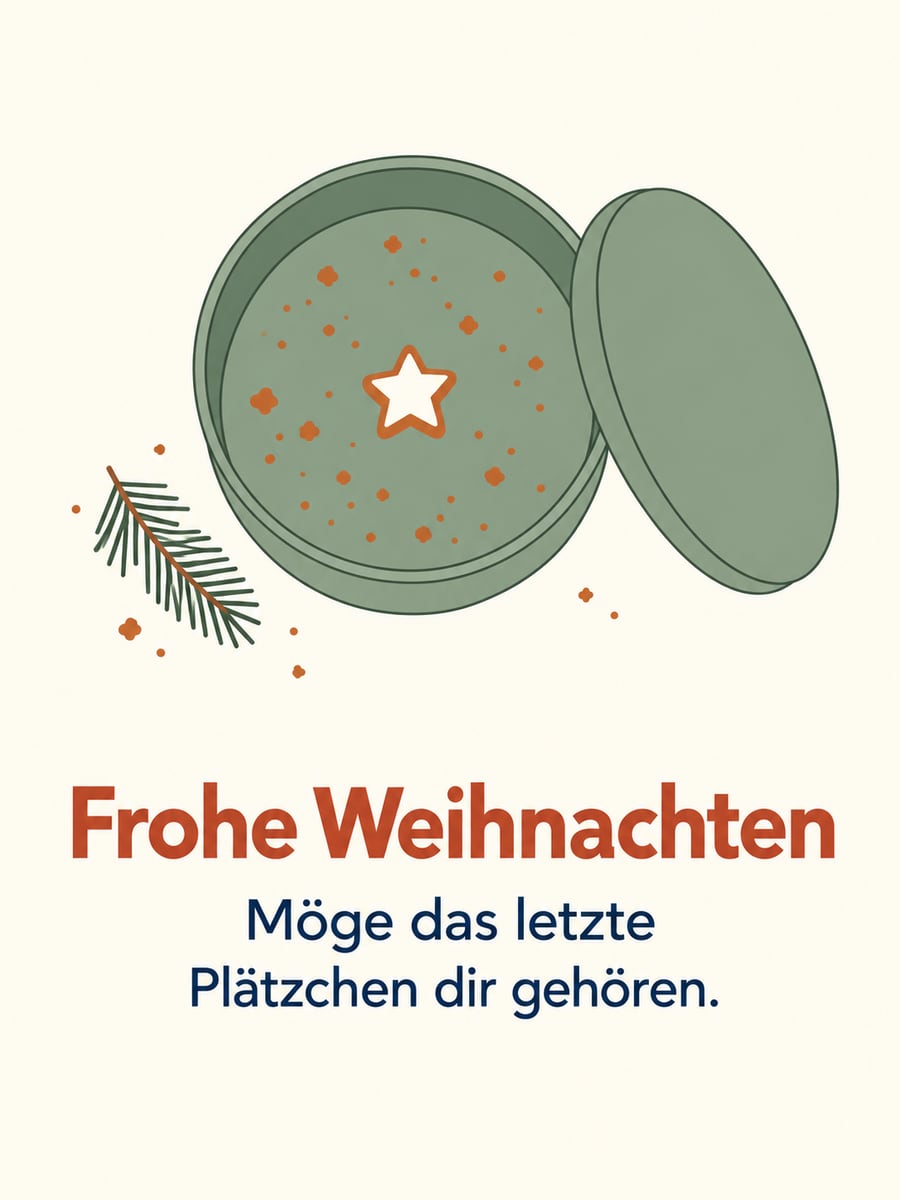 Bild zu Weihnachten mit dem Text „Frohe Weihnachten“ und „Möge das letzte Plätzchen dir gehören.“ – Motiv: Plätzchendose, Zimtstern, Krümel