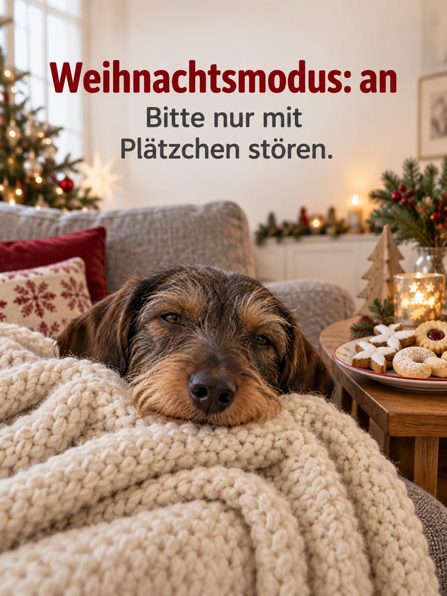 Bild zu Weihnachten mit dem Text „Weihnachtsmodus: an“ und „Bitte nur mit Plätzchen stören.“ – Motiv: Dackel, Rauhaardackel, Kuscheldecke, Plätzchen, Sofa