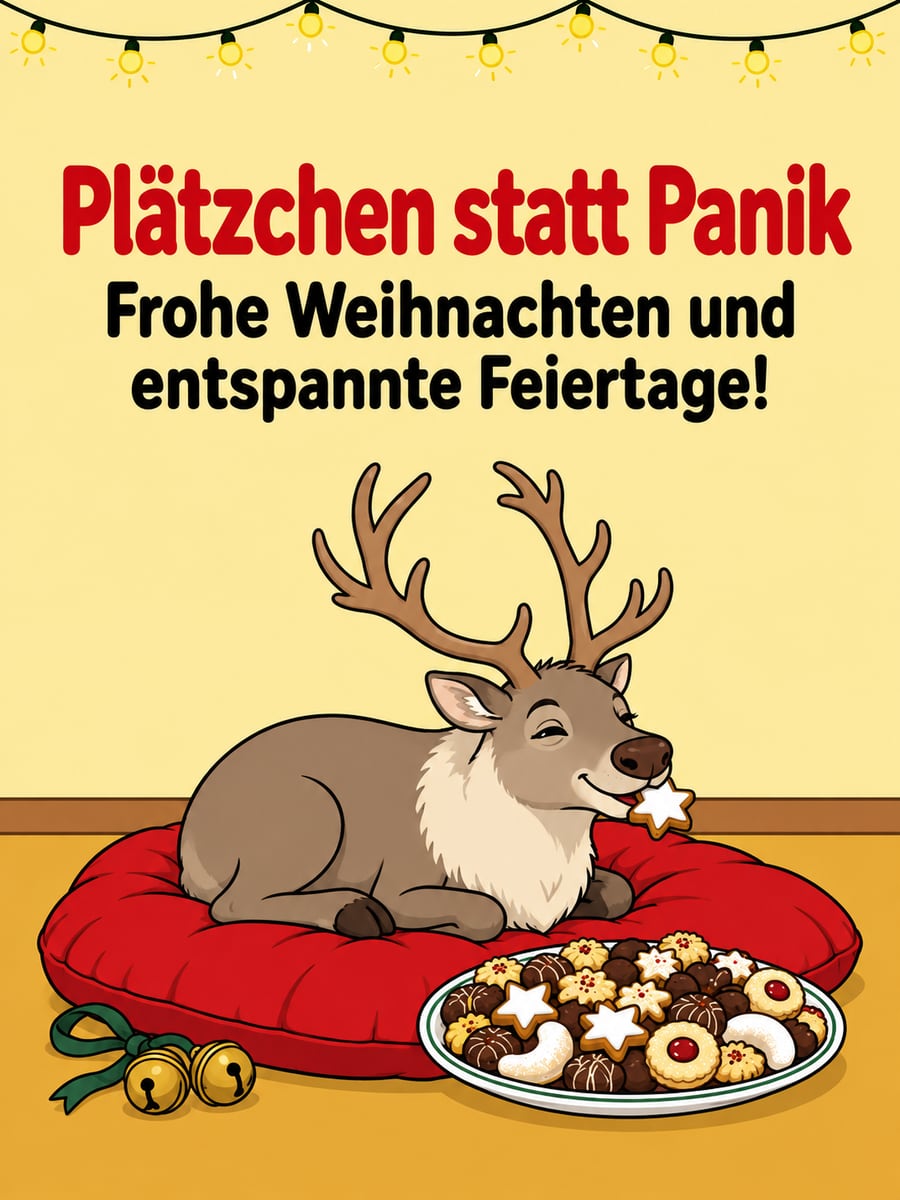 Bild zu Weihnachten mit dem Text „Plätzchen statt Panik“ und „Frohe Weihnachten und entspannte Feiertage!“ – Motiv: Rentier, Plätzchen, Sitzkissen, Feiertage