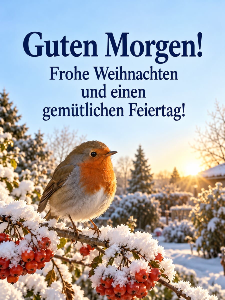 Bild zu Weihnachten mit dem Text „Guten Morgen!“ und „Frohe Weihnachten und einen gemütlichen Feiertag!“ – Motiv: Rotkehlchen, Vogel, Vogelbeeren, Morgensonne